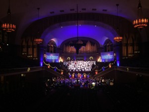 White Sharkstooth Scrim provides bleed-through effect at Moody Church holiday concert.